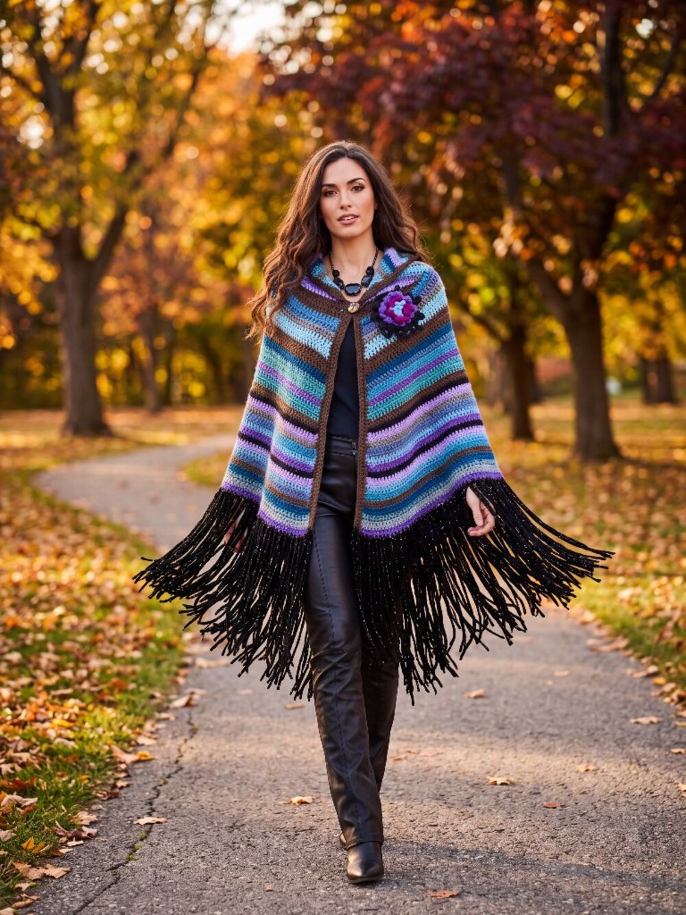 Multicolor Crochet Hooded Poncho Cape with Fringe